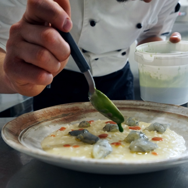 Risotto con cruditè di gambero blu